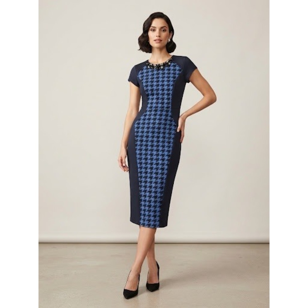 Trulli Blue Black Houndstooth Beaded Neck Sheath Dress Size 12 Cocktail Chic
